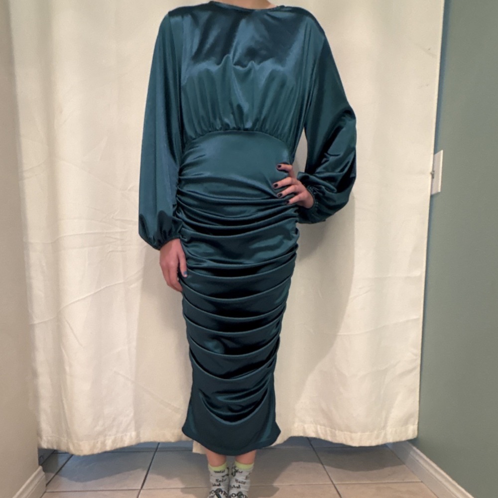 AOMEI Emerald‎ Green Satin Ruched Balloon Sleeve Midi Bodycon Dress Size M